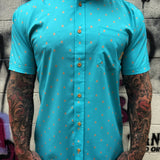 ESSENTIAL TURQUOISE BLUE INFINITY SKULLS BUTTON UP