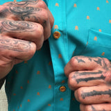 ESSENTIAL TURQUOISE BLUE INFINITY SKULLS BUTTON UP
