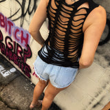ROAD RASH FRONT CUT BLACK CROP TANK TOP