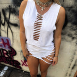 ROAD RASH FRONT CUT WHITE CROP TANK TOP
