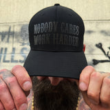 WORK HARDER BLACK ON BLACK FLEXFIT COTTON HAT