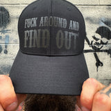 FUCK AROUND BLACK ON BLACK FLEXFIT COTTON HAT