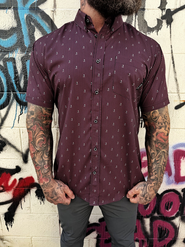 MAROON & SKULL PINSTRIPE BUTTON UP