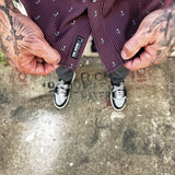 MAROON & SKULL PINSTRIPE BUTTON UP