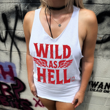 WILD AS HELL WHITE SCOOP NECK STRINGER