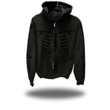 SKELETON OVERSIZED PRINT ZIP UP HOODIE - BLACK ON BLACK