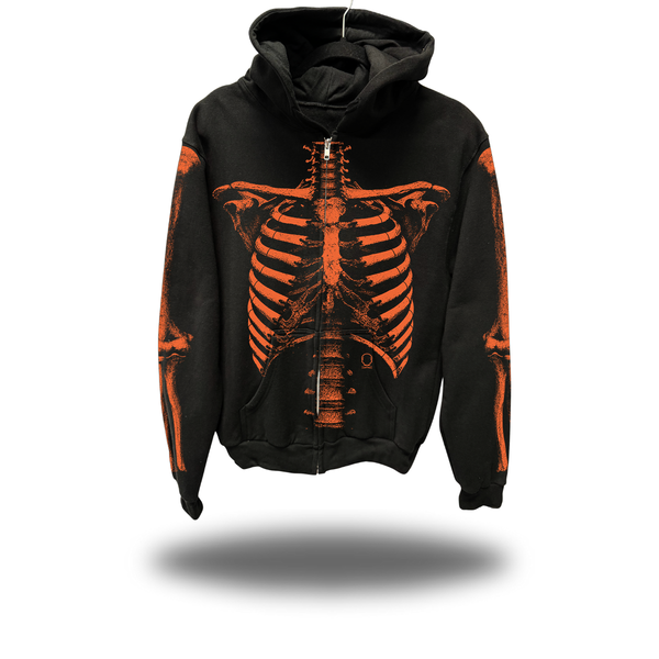 SKELETON OVERSIZED PRINT ZIP UP HOODIE - ORANGE