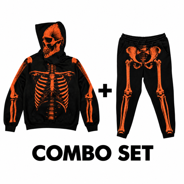 SKELETON HODDIE/SWEATPANT OVERSIZED PRINT ORANGE COMBO SET