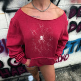 SPIDER WEB ROAD RASH DIAMOND CROSS WIDENECK RED SWEATSHIRT