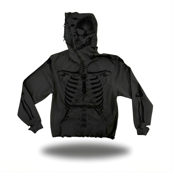 SKELETON ROAD RASH OVERSIZED PRINT HOODIE -  BLACK ON BLACK