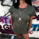 SPIDER WEB ROAD RASH MUSCLE MILITARY GREEN TEE