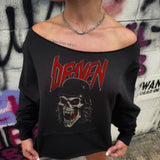 BY DEATH ROAD RASH SLASH X WIDENECK CROP BLACK SWEATSHIRT