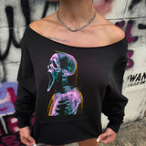 GHOSTFACE SKELETON ROAD RASH SLASH X WIDENECK CROP BLACK SWEATSHIRT