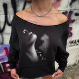 LOVE BITE ROAD RASH SLASH X WIDENECK CROP BLACK SWEATSHIRT