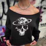 SATURN SKULL ROAD RASH SLASH X WIDENECK CROP BLACK SWEATSHIRT
