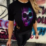NEON SKULL ROAD RASH V CUT HEART BLACK CROP TOP