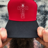 PRAYING CROSS RED BLACK CURVED TRUCKER HAT