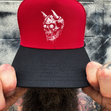 DEMON SKULL RED BLACK CURVED TRUCKER HAT