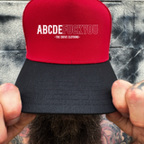 ABCDEF*CKYOU RED BLACK CURVED TRUCKER HAT