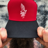 SAINTS SINNERS RED BLACK CURVED TRUCKER HAT