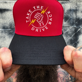 DRIVE BACK RED BLACK CURVED TRUCKER HAT