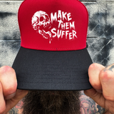 MAKE SUFFER RED BLACK CURVED TRUCKER HAT
