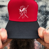 DRUMMER SKULL RED BLACK CURVED TRUCKER HAT