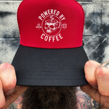 POWERED COFFEE RED BLACK CURVED TRUCKER HAT