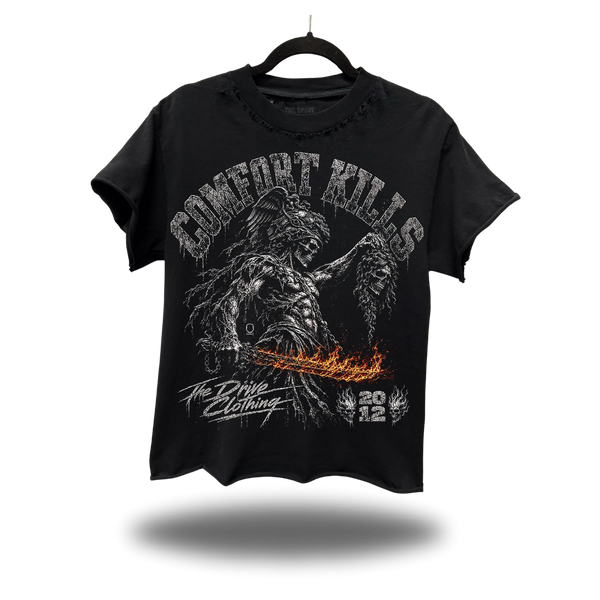 COMFORT GODDESS ROAD RASH OVERSIZED PRINT BLACK TEE