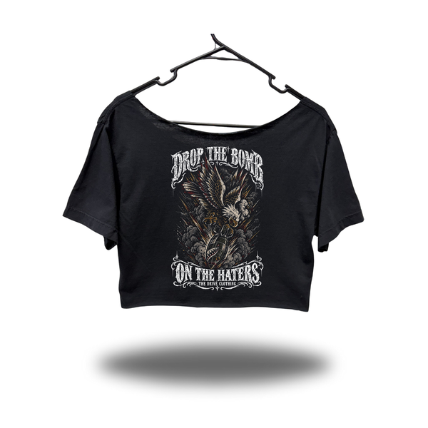 HATER BOMB WIDENECK OVERSIZED BLACK CROP TOP