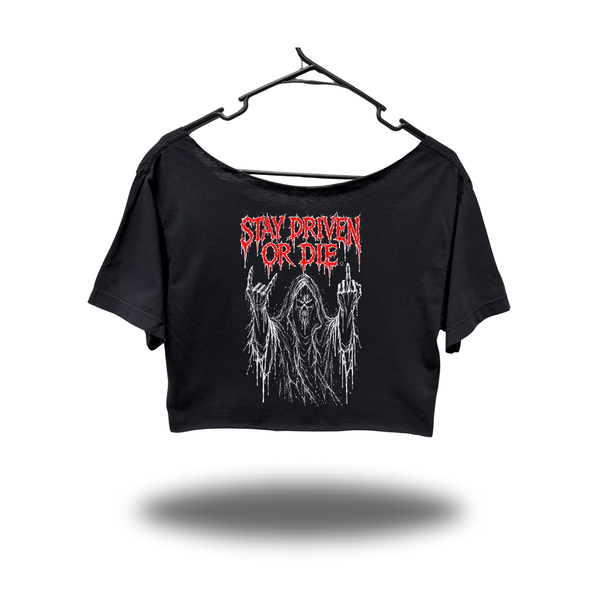 DRIVEN OR DIE WIDENECK OVERSIZED BLACK CROP TOP