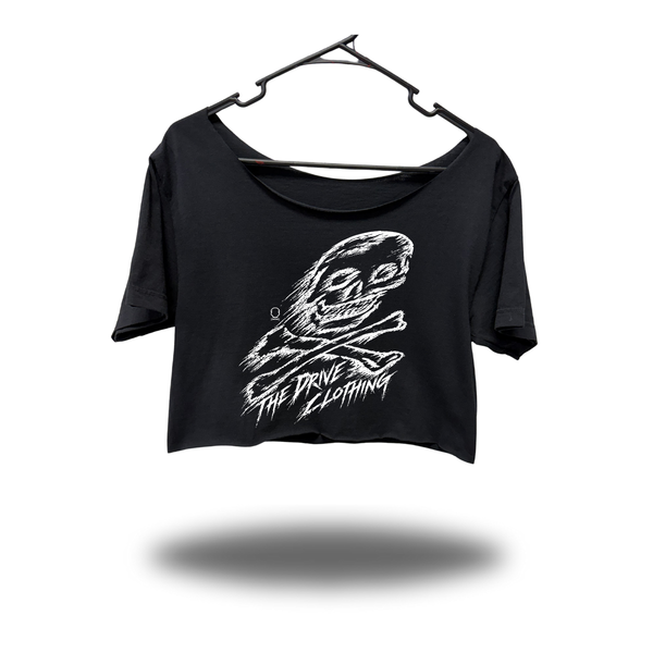 SKETCHY DRIVE WIDENECK OVERSIZED BLACK CROP TOP