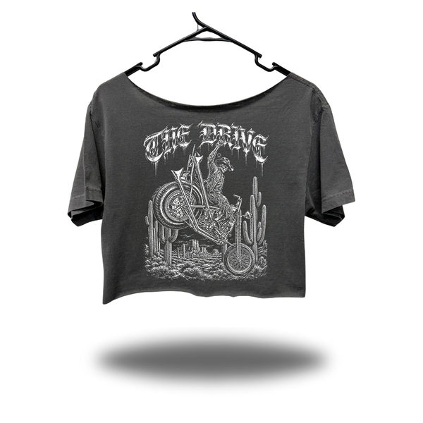 COWBOY RIDER WIDENECK OVERSIZED FADED BLACK CROP TOP