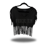 F*CK 'EM BLACK RHINESTONE WESTERN FRINGE CROP TOP
