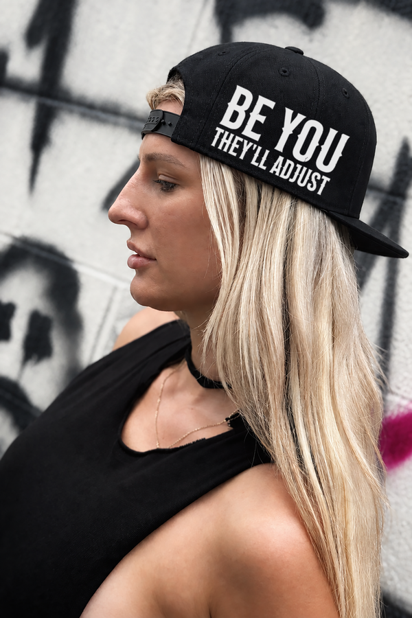 BE YOU THEY'LL ADJUST SIDE STYLE BLACK COTTON FLAT BILL HAT