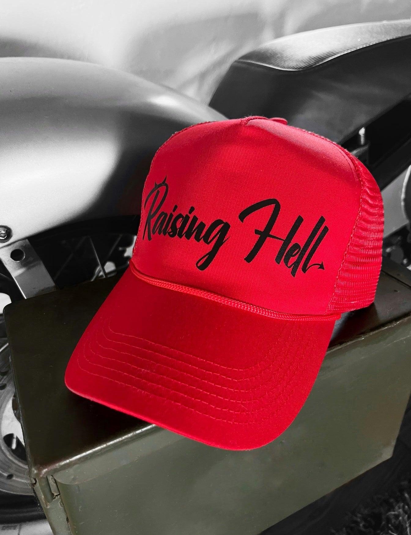 RAISING HELL CURVED BILL RED HAT - The Drive Clothing