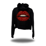 RED PAISLEY LIPS CROP HOODIE BLACK